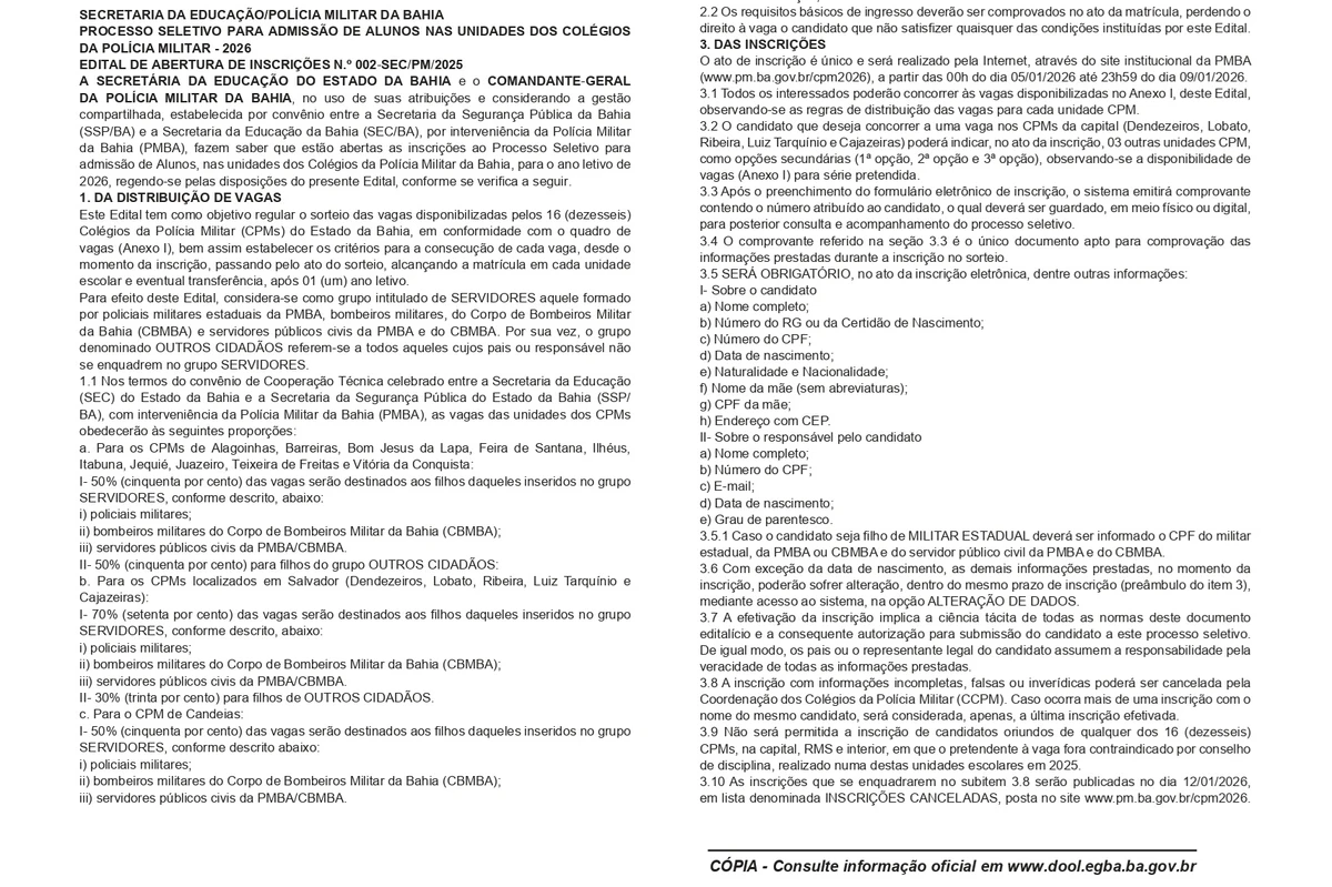 Edital das vagas da Creche da Polícia Militar por Reprodução