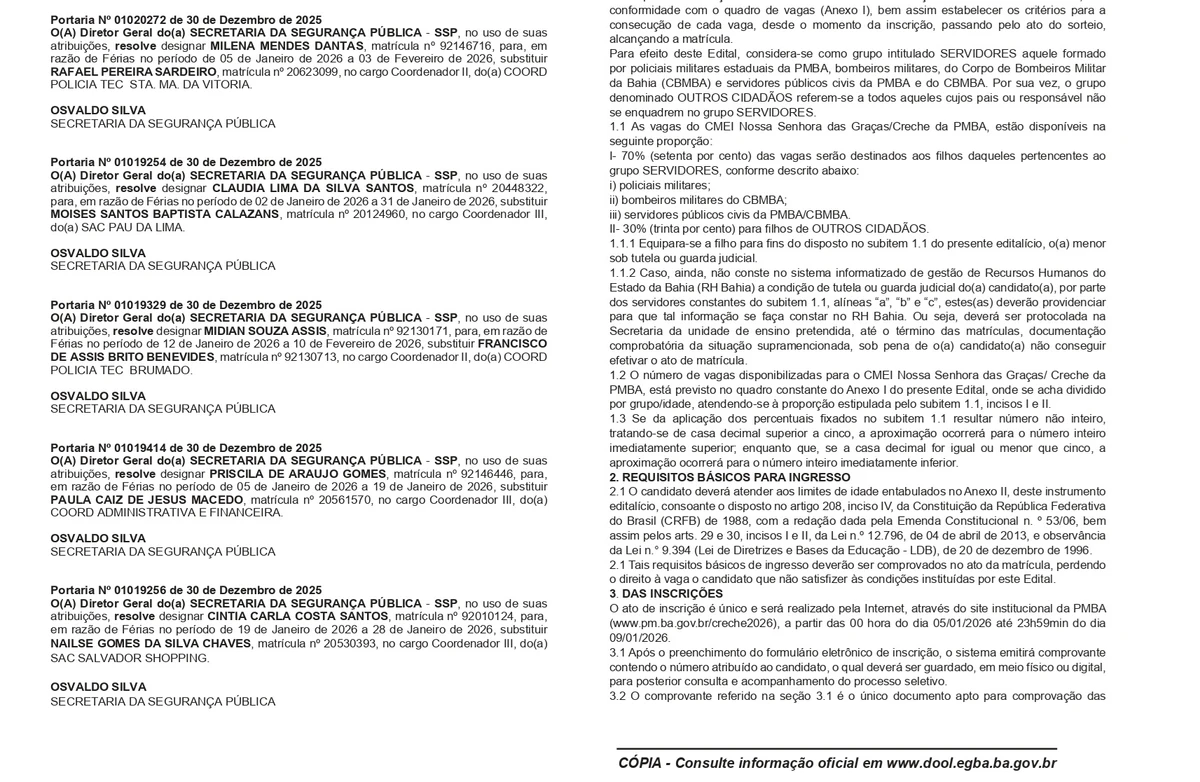 Edital das vagas da Creche da Polícia Militar por Reprodução