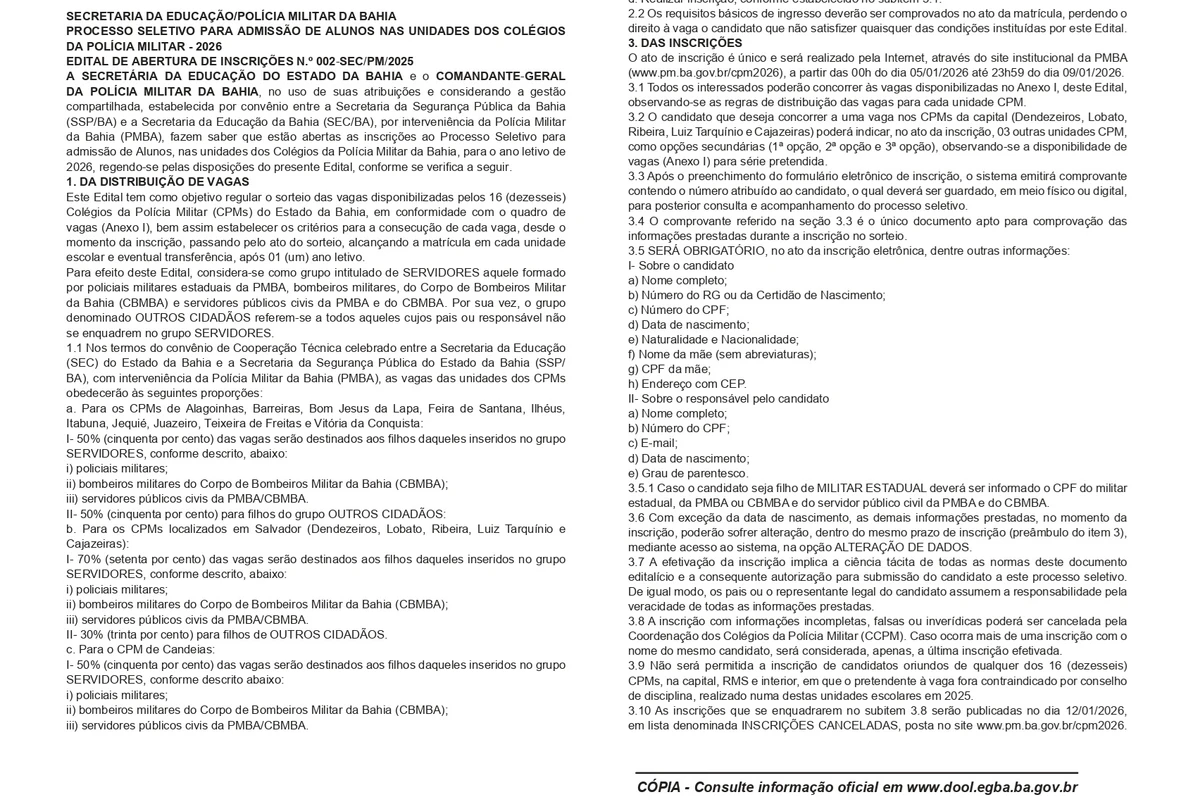 Edital de vagas do Colégio da Polícia Militar por Reprodução