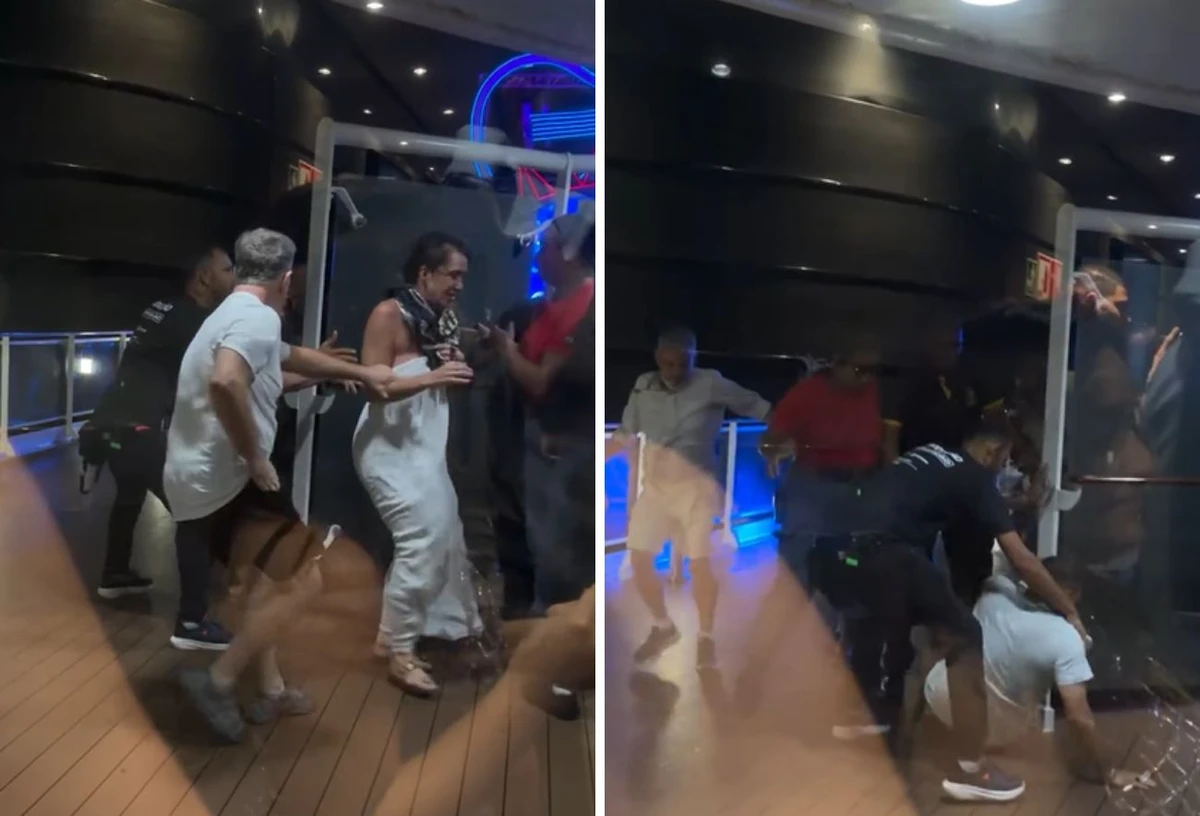 Passageiros são levados para área interna por seguranças em meio à ventania