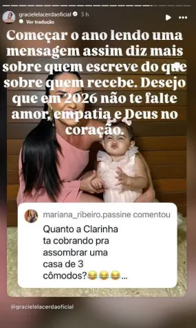 Graciele Lacerda rebate comentário de seguidora que criticou aparência de Clara por Reprodução/Instagram