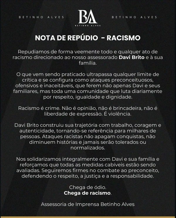 Davi Britto em nota de repudio após ataques racistas à irmã de 9 anos por Reprodução/Redes Sociais 