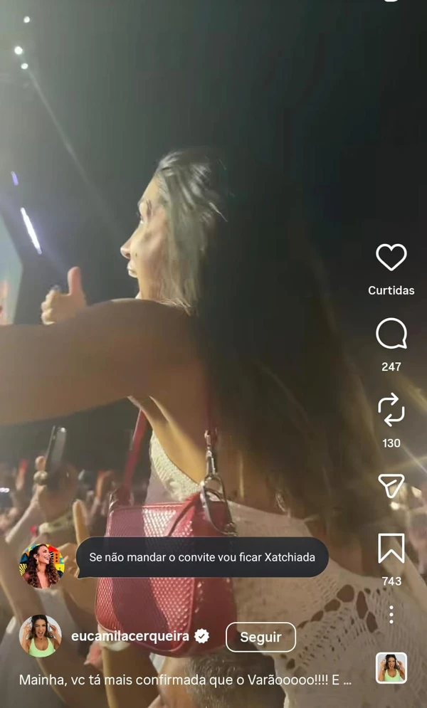 Ivete Sangalo se convida para casamento de influenciadora Camila Cerqueira durante show  por Reprodução/Redes Sociais 