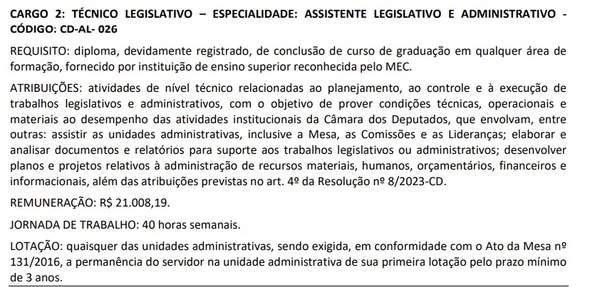 Câmara dos Deputados abre edital com 140 vagas e salário inicial de até R$ 30 mil por Edital 