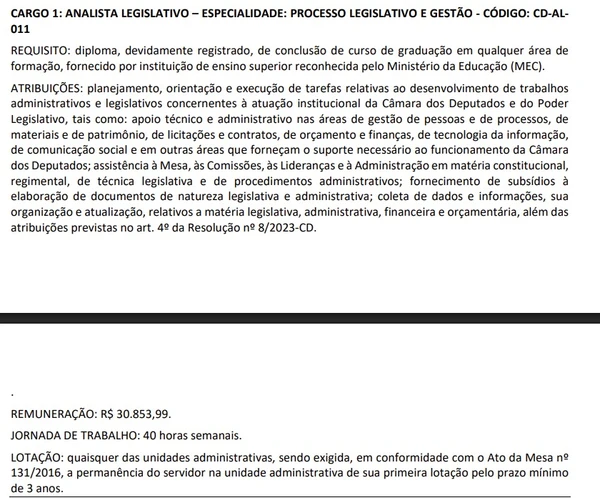 Câmara dos Deputados abre edital com 140 vagas e salário inicial de até R$ 30 mil por Edital 