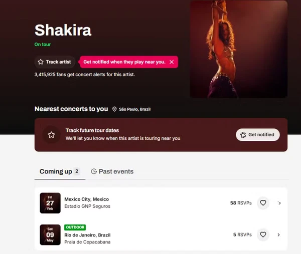 Anúncio de show de Shakira em Copacabana  por Reprodução/Song Kick