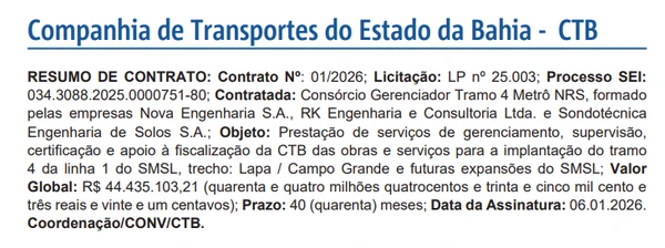 Resumo de contrato foi publicado no DOE 