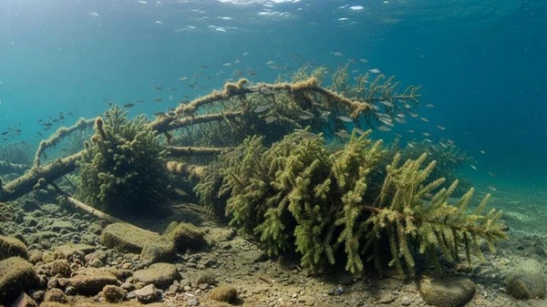 As árvores de Natal foram colocadas no lago ainda durante o inverno por Imagem gerada com uso de IA