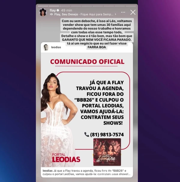 Flay rebate deboche de Leo Dias sobre sua agenda de shows por Reprodução/Redes Sociais 