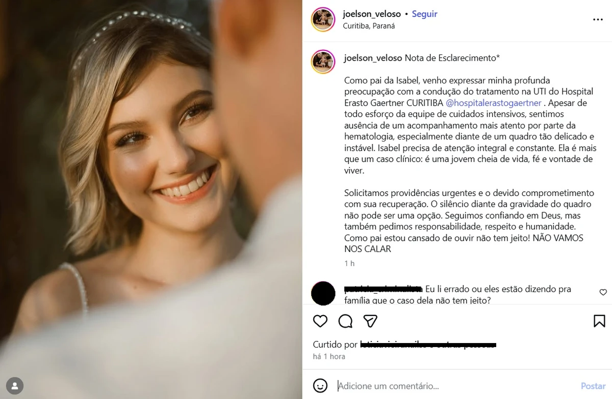 Postagem feita pelo pai de Isabel Veloso, Joelson Veloso por Reprodução