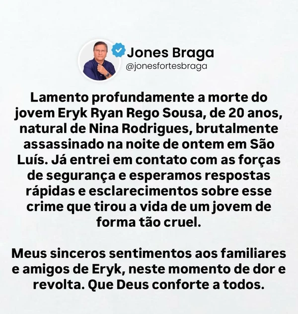 Prefeito de Nina Rodrigues lamenta a morte por Reprodução