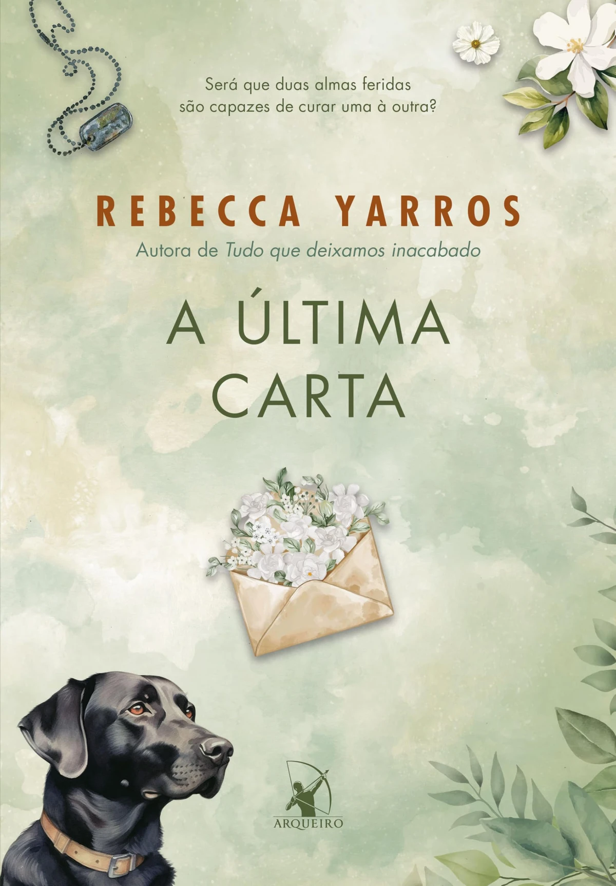 A última carta, de Rebecca Yarros (Arqueiro). Beckett é um militar americano endurecido pelos horrores que já testemunhou na guerra. A não ser pela amizade sincera que tem com Ryan, um soldado de sua unidade, e com a cachorra Bagunça, ele perdeu a fé no amor e na humanidade. Até que Ryan o convence a se corresponder com sua irmã, Ella, que está do outro lado do mundo, em Telluride, no Colorado. Mesmo sem nunca tê-la conhecido pessoalmente, Beckett encontra refúgio nas cartas que os dois trocam e fica totalmente encantado por ela. por Reprodução