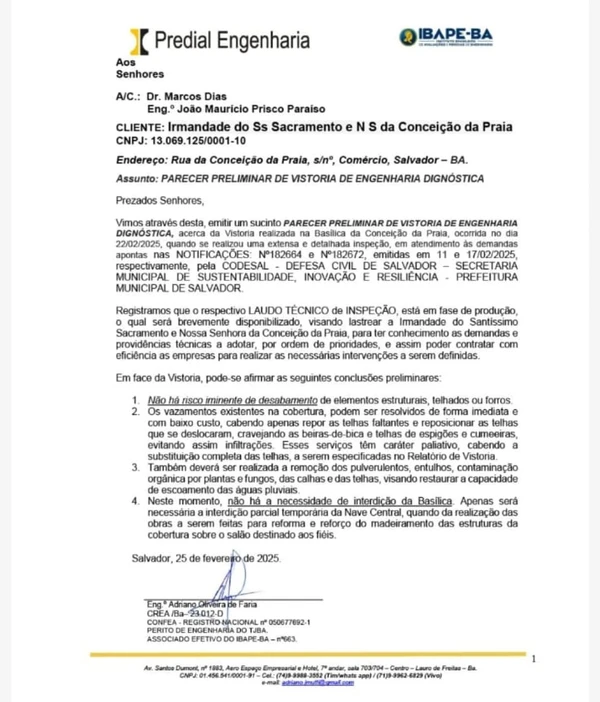 Laudo emitido após vistoria na igreja em fevereiro de 2025