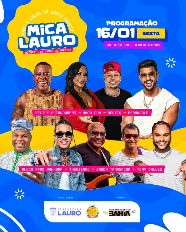 Mica Lauro 2026: Atrações da sexta-feira (16 de janeiro) por Divulgação/Prefeitura de Lauro de Freitas 
