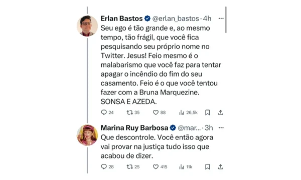 Erlan e Marina bateram boca nas redes sociais por Reprodução