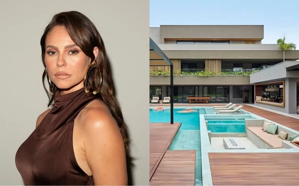 A mansão aposta em ambientes integrados, obras de arte e conexão com a natureza