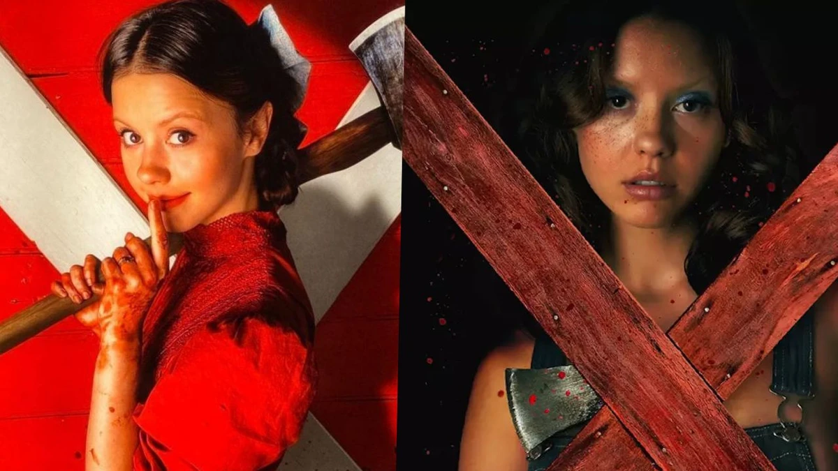 Mia Goth no poster do filme 'Pearl' e 'X - A Marca da Morte' por Reprodução/A24