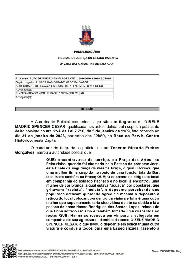 Auto de prisão por Tribunal de Justiça do Estado da Bahia (TJBA)