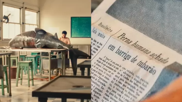 Cena de "O Agente Secreto" em que um tubarão aparece em cima de uma mesa por Reprodução