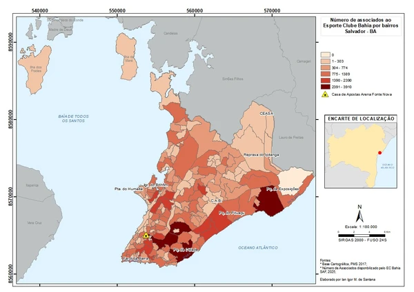 Número de sócios do Bahia por bairros de Salvador, segundo a pesquisa do geógrafo Ian Mesquita por Reprodução/Mapa elaborado pelo autor