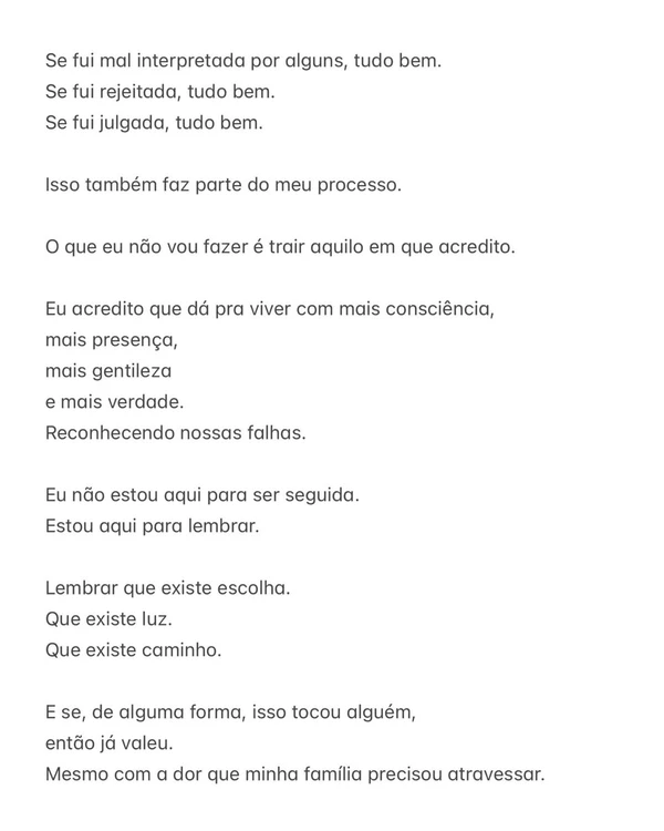 Aline Campos compartilhou carta aberta após eliminação no BBB 26 por Reprodução/Instagram