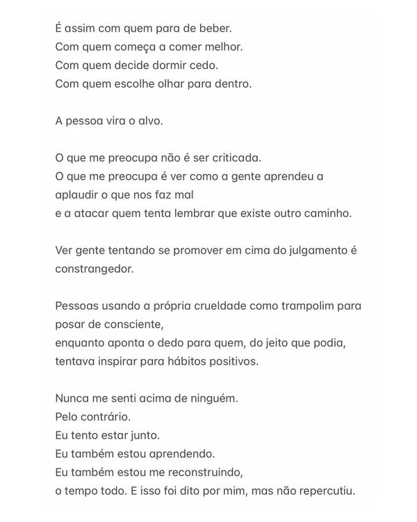 Aline Campos compartilhou carta aberta após eliminação no BBB 26 por Reprodução/Instagram