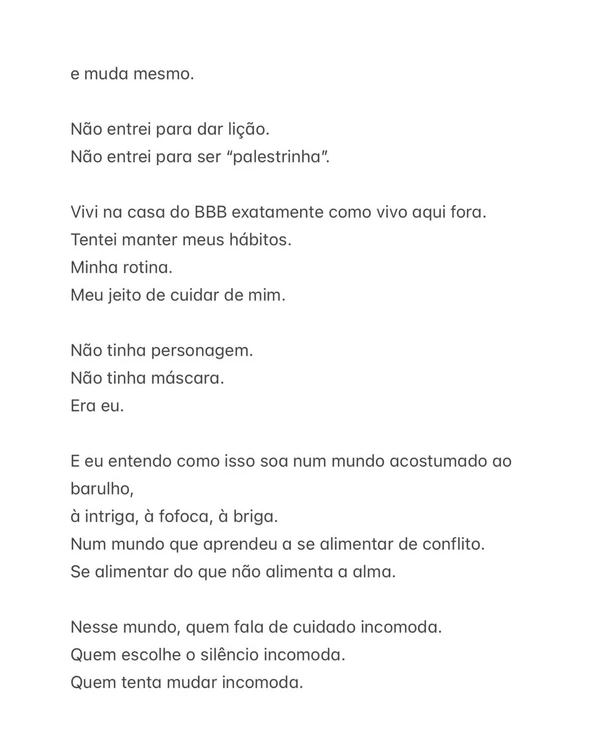 Aline Campos compartilhou carta aberta após eliminação no BBB 26 por Reprodução/Instagram