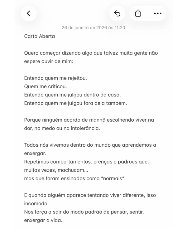 Aline Campos compartilhou carta aberta após eliminação no BBB 26 por Reprodução/Instagram