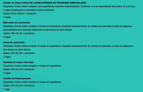Vagas disponíveis nesta quinta-feira (29) por Reprodução