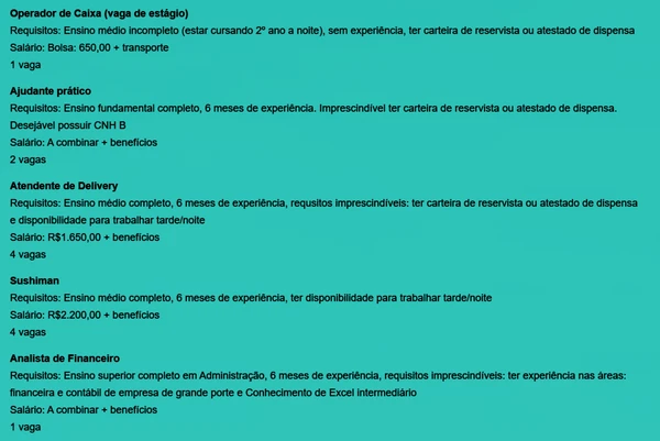 Vagas disponíveis nesta quinta-feira (29) por Reprodução