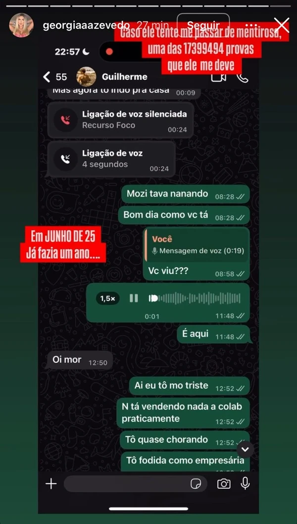 Georgia Azevedo nos Stories por Reprodução/Instagram