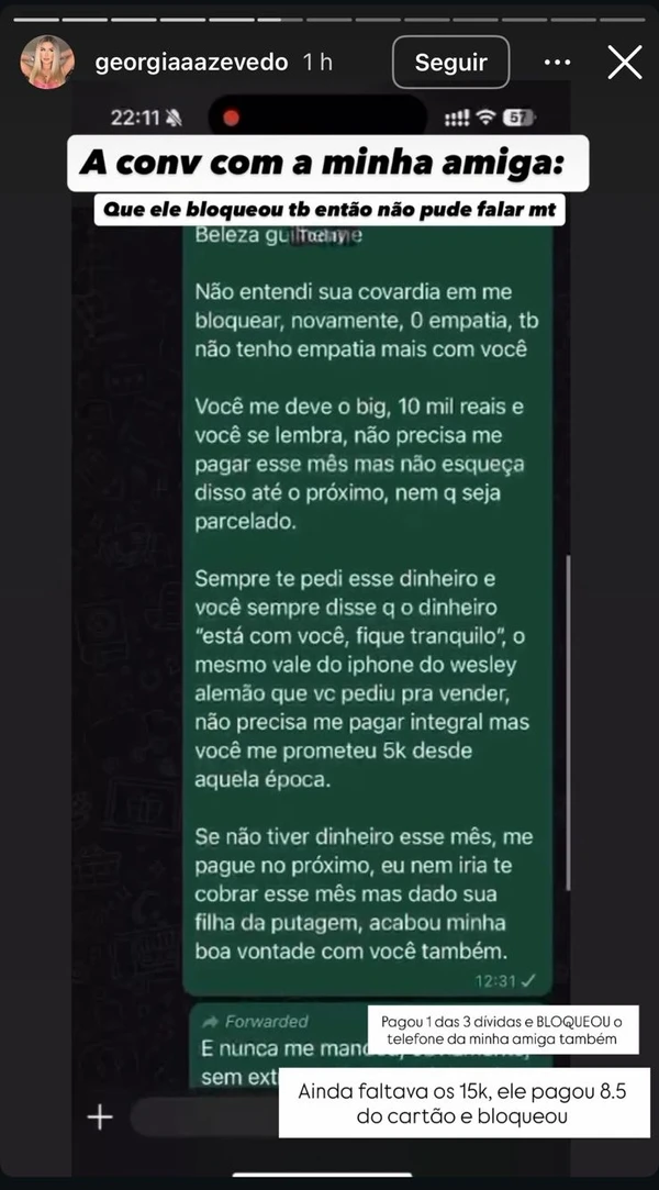 Georgia Azevedo nos Stories por Reprodução/Instagram