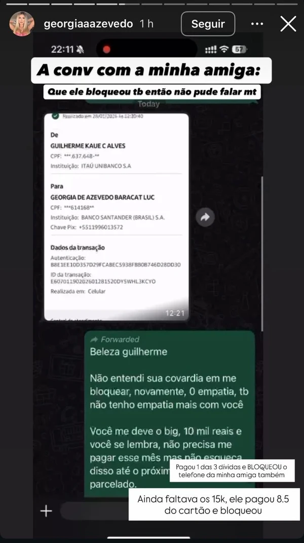 Georgia Azevedo nos Stories por Reprodução/Instagram