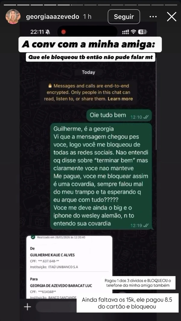 Georgia Azevedo nos Stories por Reprodução/Instagram