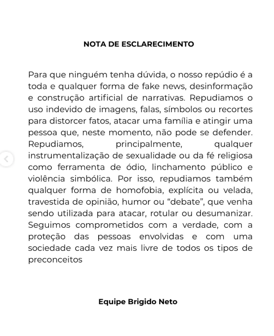 Nota emitida pela equipe de Brígido