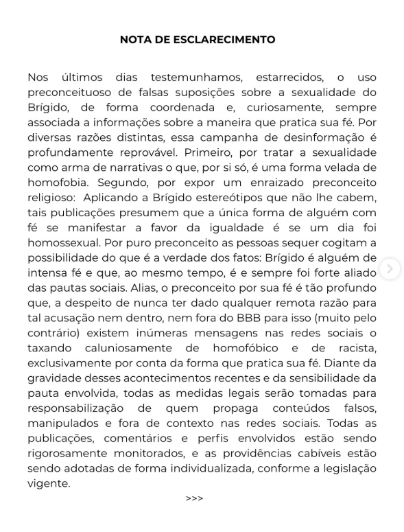 Nota emitida pela equipe de Brígido