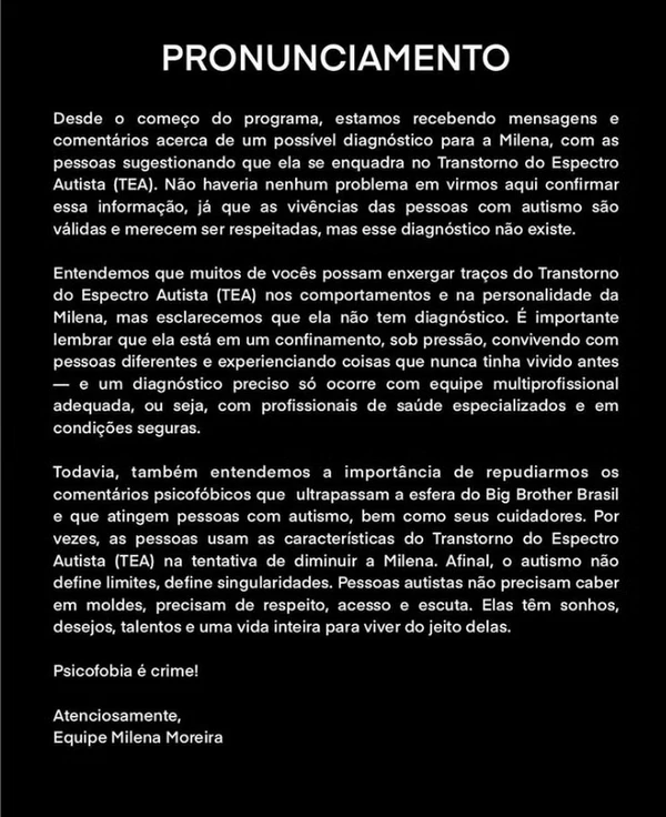 Equipe de Milena se pronunciou sobre rumores de que a sister estaria enquadrada no TEA