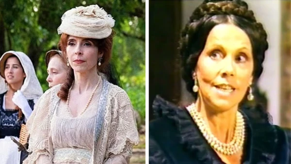 Cecília Sampaio (Ceci): Deborah Evelyn herda a vilã moralista que faz de tudo para afastar Dona Beja de seu filho por  Divulgação HBOMax/ Reprodução TV Manchete