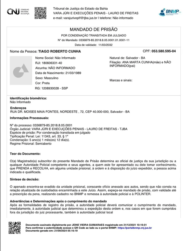 'Falcão', do CV, tem mandando de prisão por Divulgação