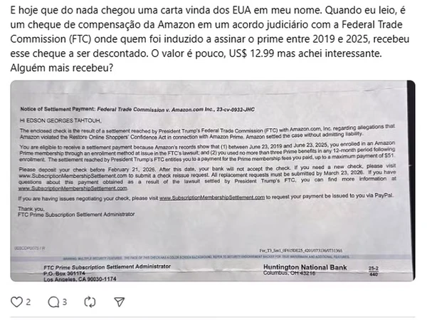 Em post, brasileiro relata ter recebido cheque por Reproduçao