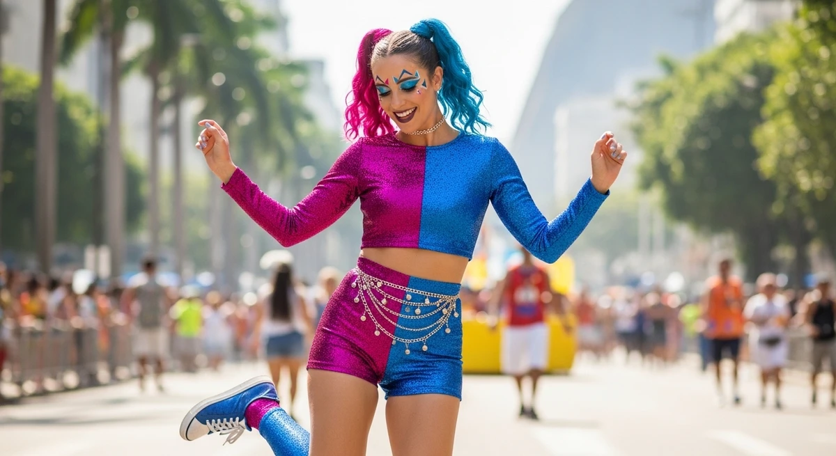 Fantasia para Gêmeos: Arlequim moderna ou palhaça estilizada por Imagem gerada por IA