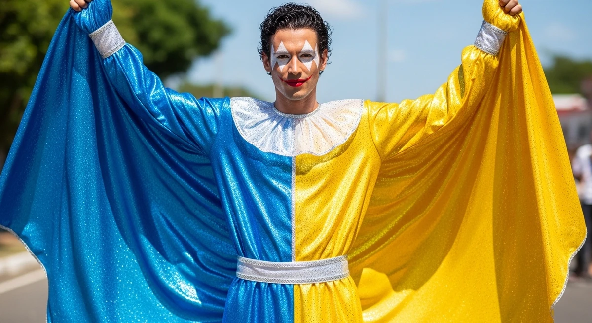 Fantasia para Gêmeos: Arlequim moderno ou look dividido em duas cores por Imagem gerada por IA