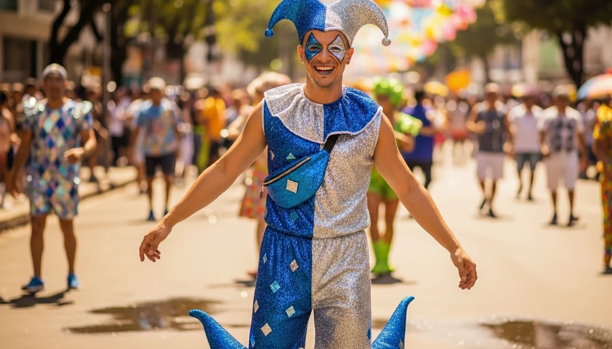 Fantasia para Gêmeos: Arlequim moderno ou look dividido em duas cores por Imagem gerada por IA