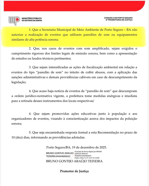 Recomendação do MP-BA sobre uso de paredão em Porto Seguro por Reprodução