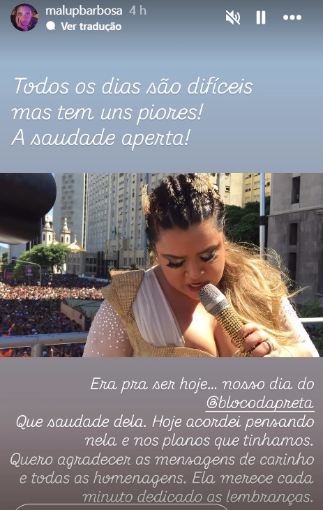 Malu Barbosa desabafa sobre saudade de Preta Gil