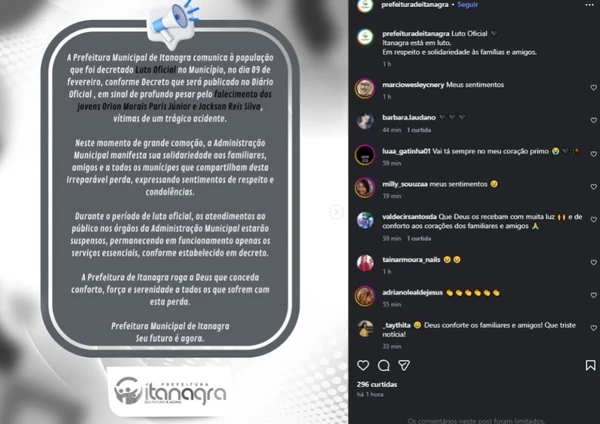 Prefeitura emitiu nota pelas mortes de Orion Morais Paris Júnior e Jackson Reis Silva por Reprodução/Prefeitura de Itanagra
