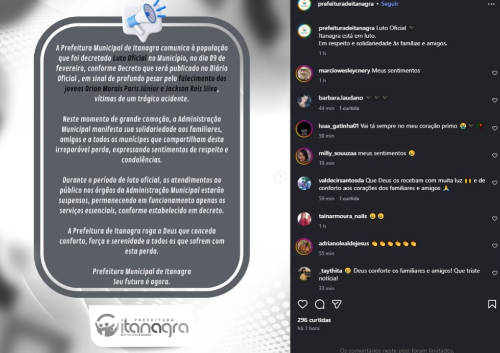 Prefeitura emitiu nota pelas mortes de Orion Morais Paris Júnior e Jackson Reis Silva por Reprodução/Prefeitura de Itanagra