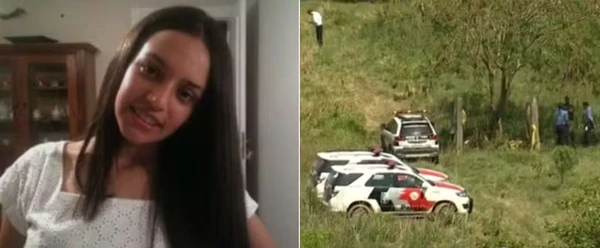 Victoria Mafra Natalini morreu por asfixia durante excursão da escola em 2015; ao lado, policiais atuam no local onde ela foi encontrada por Reprodução