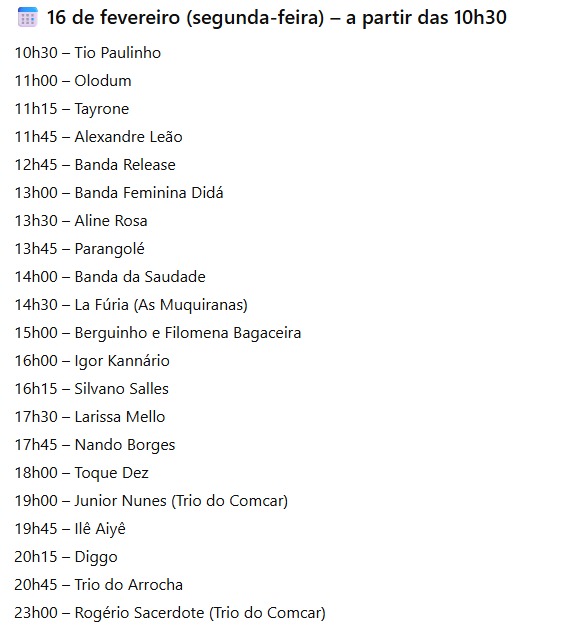 Programação completa do Carnaval no Campo Grande por Comcar