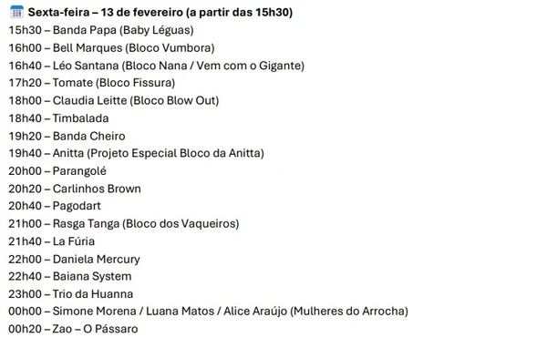 Veja a programação completa do Carnaval na Barra (Circuito Dodô) por Reprodução